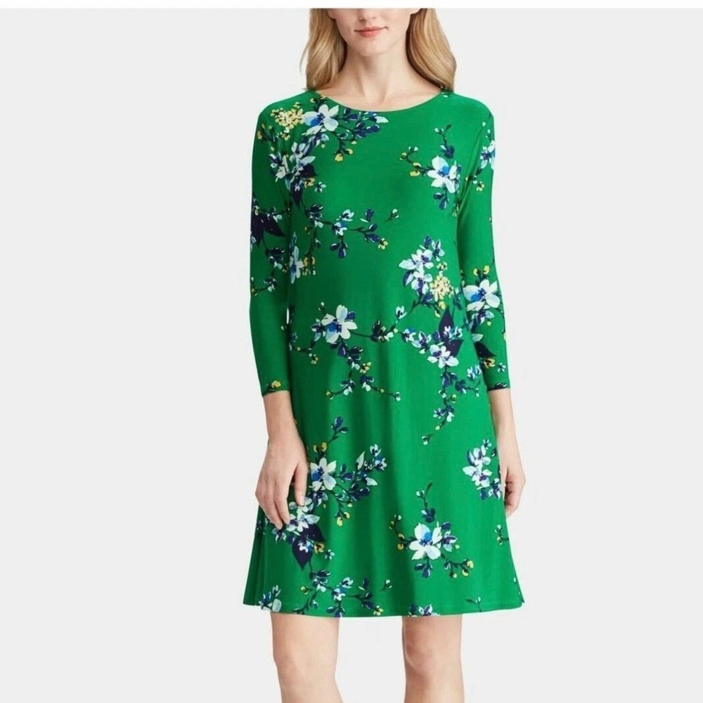 NWT Ralph Lauren Green Floral Jersey A Line 3/4 Sleeve Shift Dress Size 8 Office